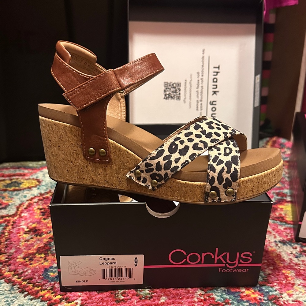 Corkys Cognac and Leopard Print Wedge Sandals